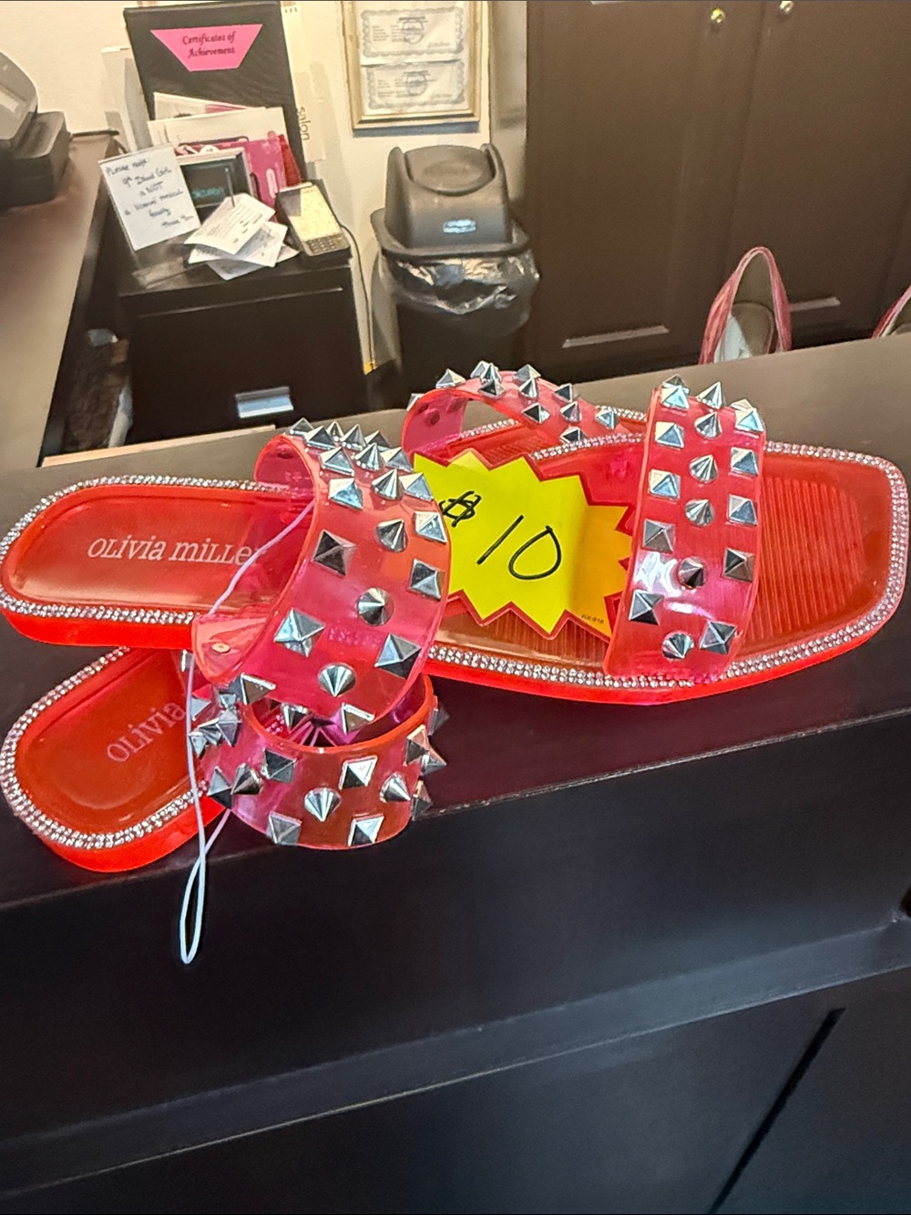 Olivia Miller Pink-Red Studded Slide Sandals